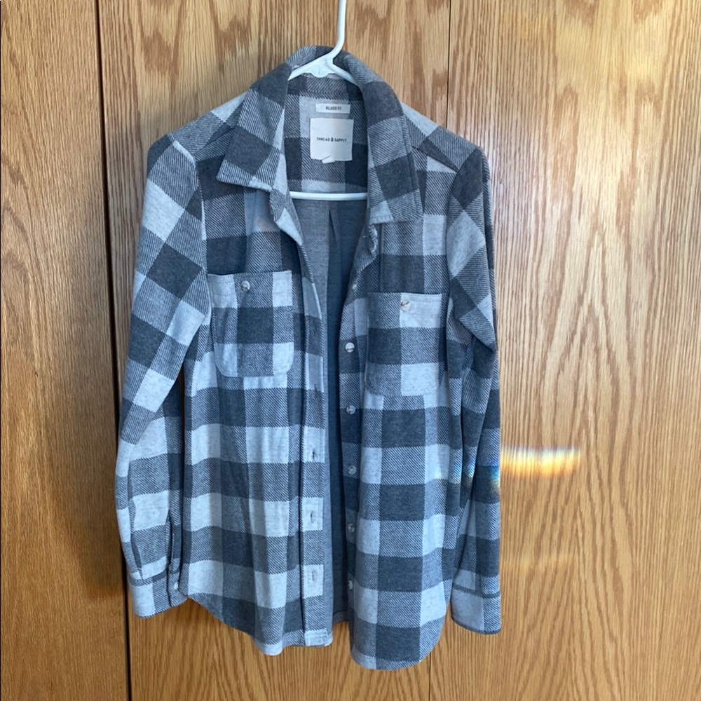Gray and White Plaid Button-Up Shirt. Woman’s size medium.